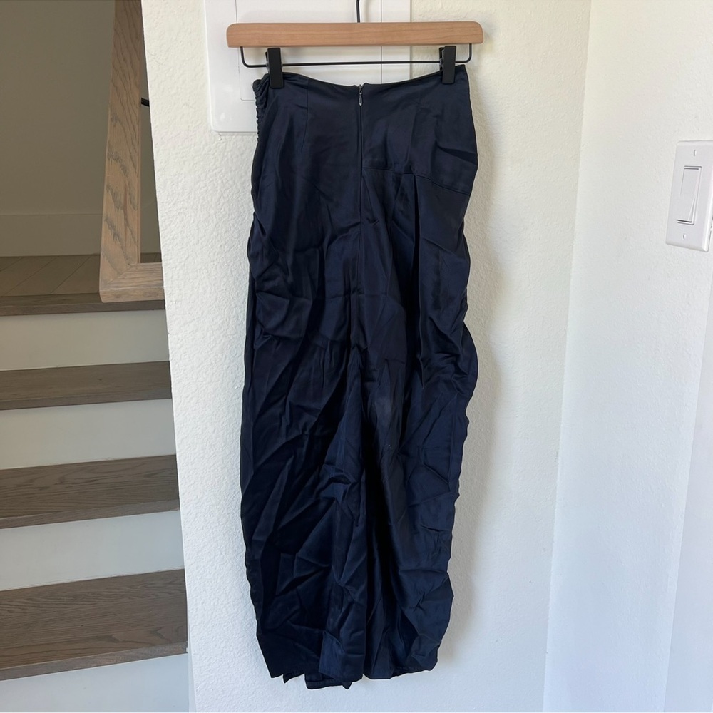 Sid Neigum Navy Gathered Satin Midi Skirt In Navy Blue — image 3 of 8